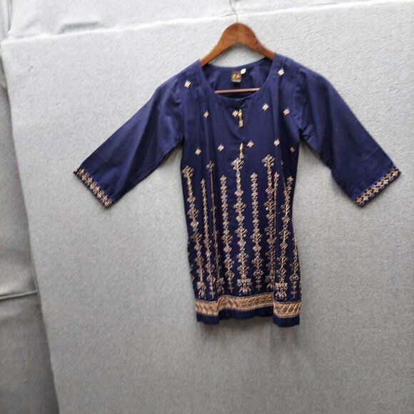 Navy Blue Embroidered 3/4 Sleeve Tunic Top Made In Pakistan - Picture 1 of 4